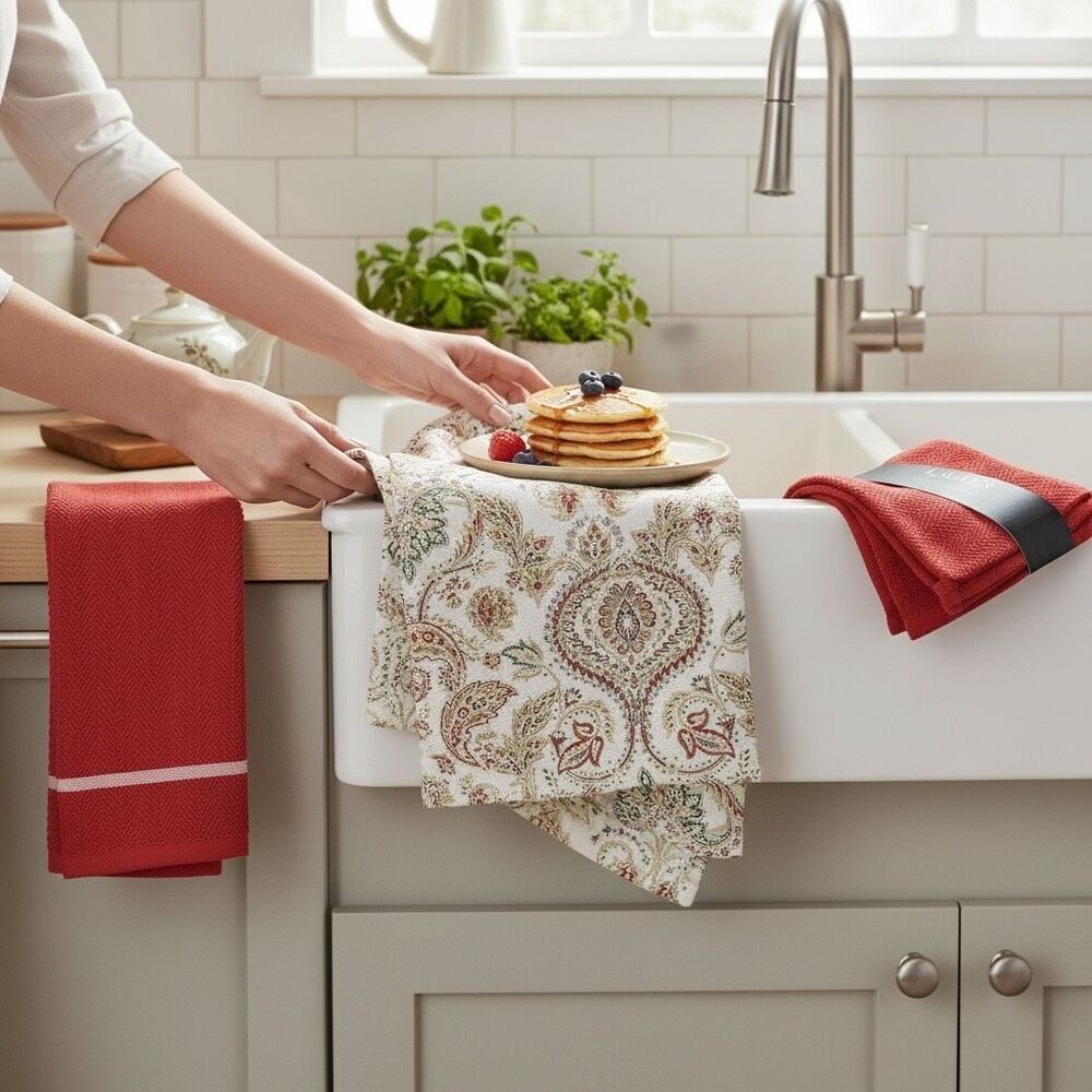 Lauren Ralph Lauren Paisley & Plaid Kitchen Towel Set 3 NWT Red Elegant Cotton
